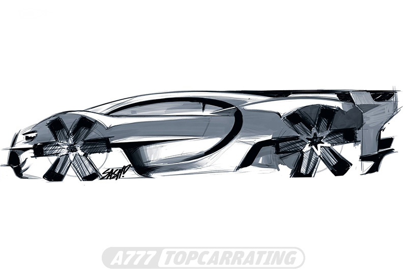 Дизайнерский рисунок суперкара Bugatti, показан бок супер-автомобиля 