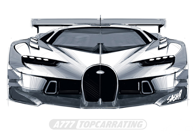 Скетч, показывает фронтальный вид эксклюзивного авто Bugatti