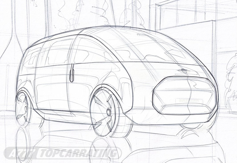 Эскиз универсального авто Mini в перспективе, спереди (выполнен карандашом)