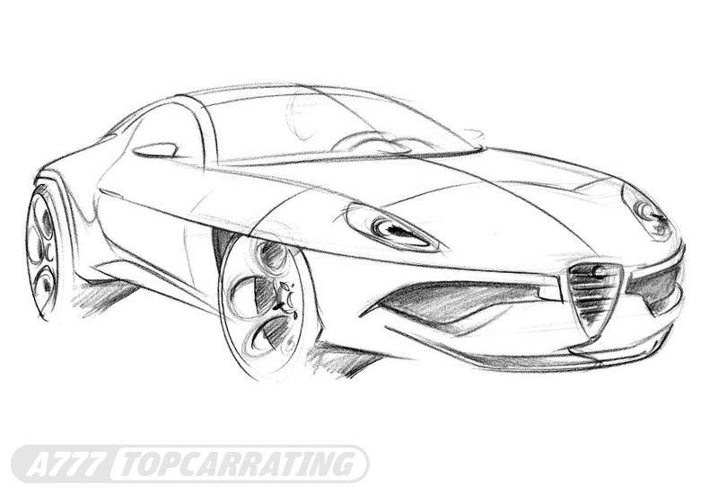 Эскиз спортивного автомобиля Alfa Romeo в перспективе, спереди (быстрый набросок карандашом)