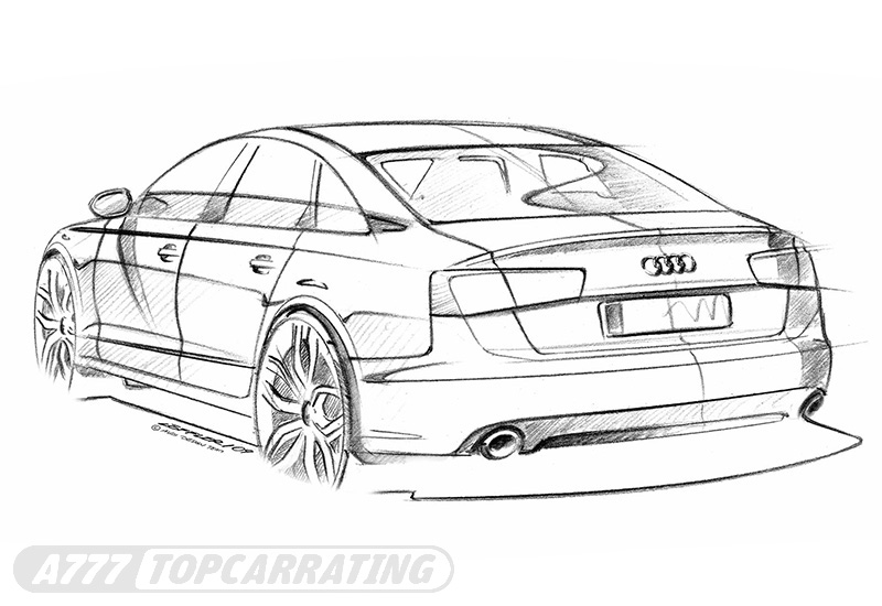 Эскиз роскошного автомобиля Audi в перспективе, с положением сзади (выполнен карандашом)