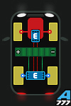 Гибрид. Переднемоторная компоновка с ДВС. Элекромотор-генератор + элекромотор на задней оси. Полный привод.
