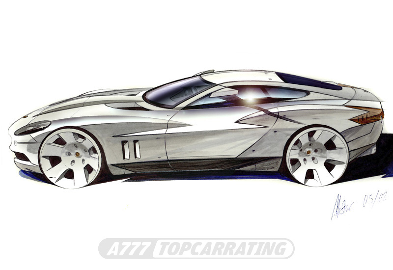 Дизайнерский рисунок спорткара Jaguar, показан бок спортивной машины