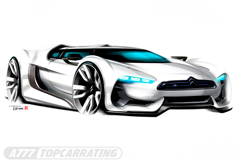Мастерски нарисованный скетч для супер-автомобиля  Citroen, изображен в три-четверти фронтального положения суперкара (цифровая работа в Фотошопе)