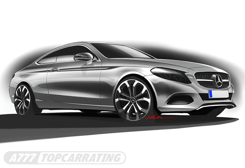 Эскиз спортивного автомобиля Mercedes-Benz в перспективе, спереди (цифровая работа в Фотошопе)