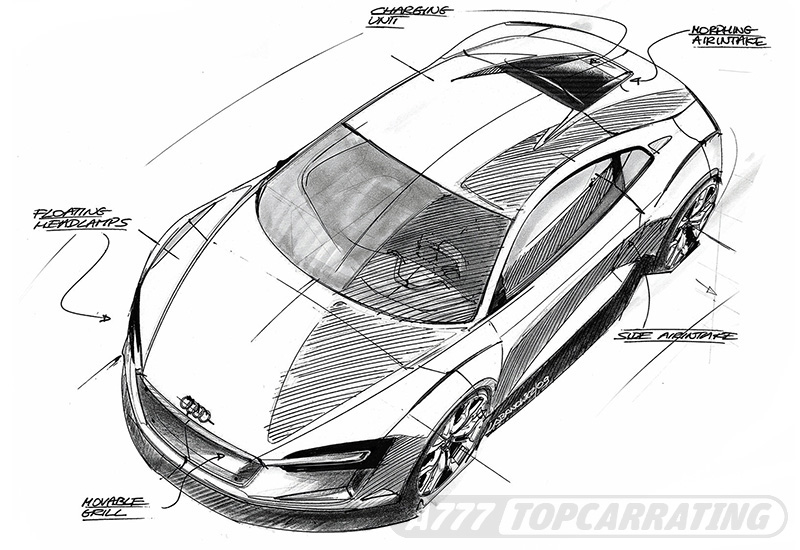 Рисунок супер-автомобиля  с видом в три-четверти спереди и сверху