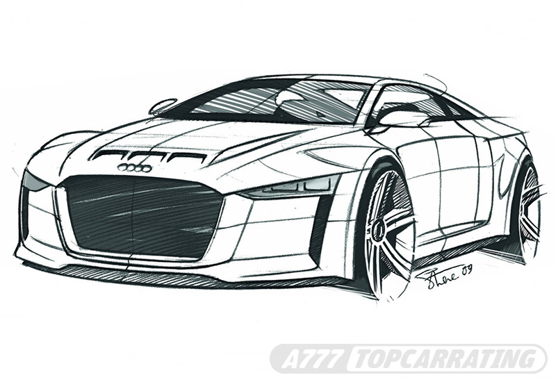 Эскиз спортивного автомобиля Audi в перспективе, спереди (быстрый набросок карандашом)
