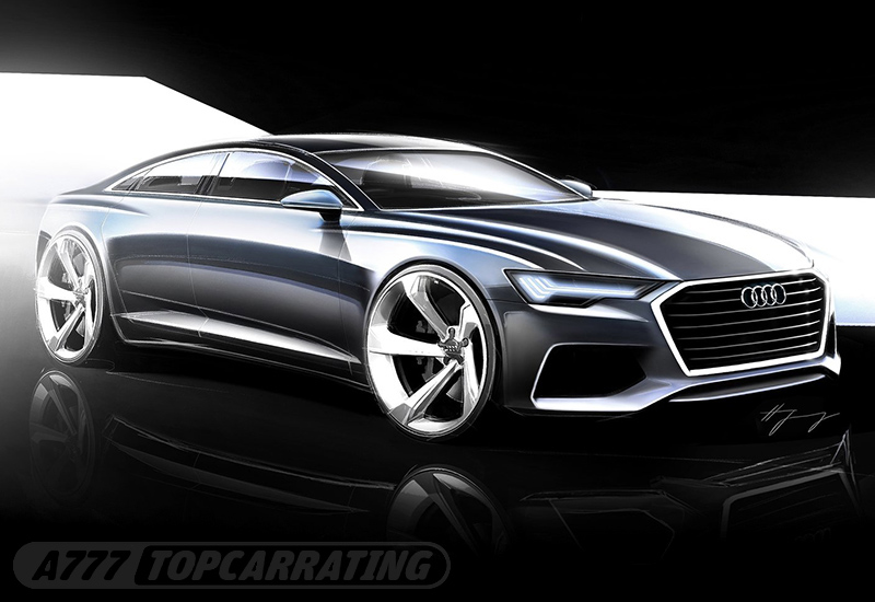 Мастерски нарисованный скетч для престижного авто Audi, изображен в три-четверти фронтального положения люксового автомобиля (цифровая работа в Фотошопе)