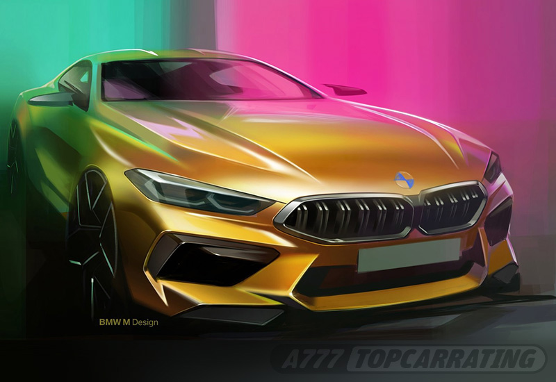 Мастерски нарисованный скетч для престижного авто BMW, изображен в три-четверти фронтального положения люксового автомобиля (цифровая работа в Фотошопе)