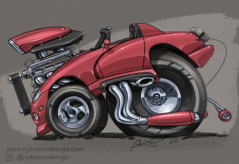 Дизайнерский рисунок суперкара RykunovDesign, показан бок супер-автомобиля  (цифровая работа в Фотошопе)
