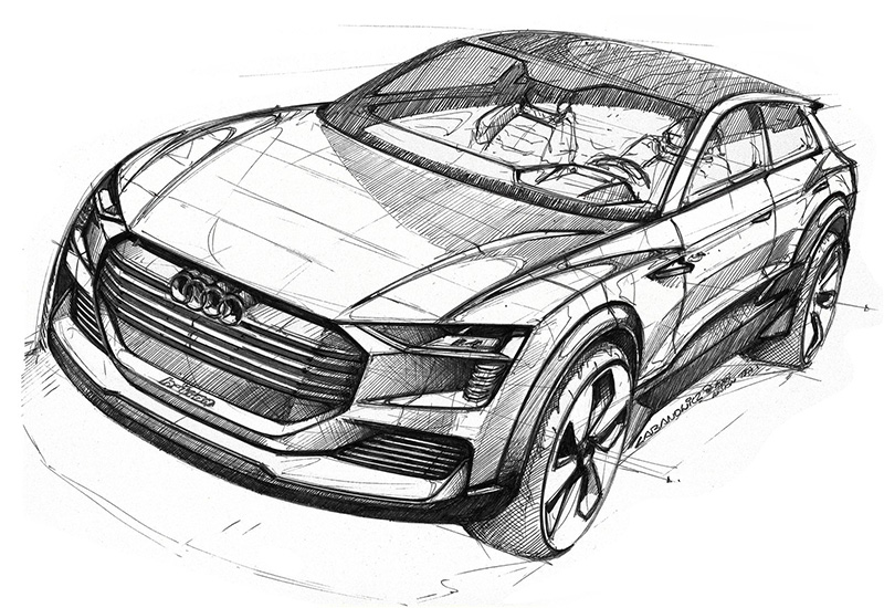 Рисунок внедорожного автомобиля с видом в три-четверти спереди и сверху (выполнен карандашом)