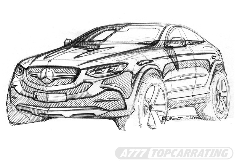 Эскиз внедорожника Mercedes-Benz в перспективе, спереди (выполнен карандашом)
