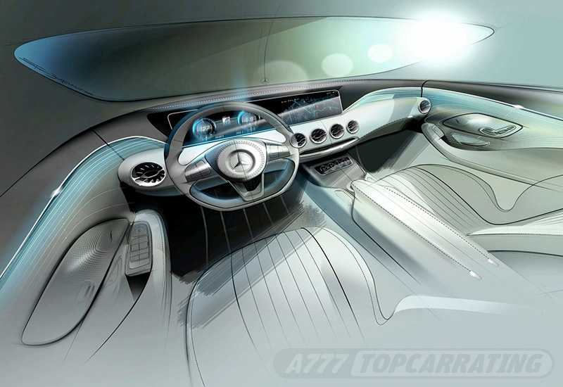 Эскиз приборной панели люксового автомобиля Mercedes-Benz, скетч выполнен вручную с пост-обработкой в Photoshop