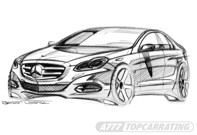 Эскиз роскошного автомобиля Mercedes-Benz в перспективе, спереди (быстрый набросок карандашом)
