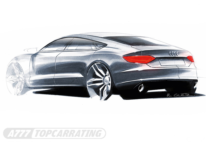 Эскиз роскошного автомобиля Audi в перспективе, с положением сзади, нарисовано от руки, с использованием маркеров COPIC