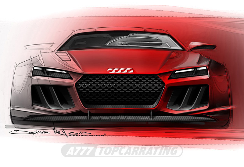 Скетч, показывает фронтальный вид спортивного автомобиля Audi