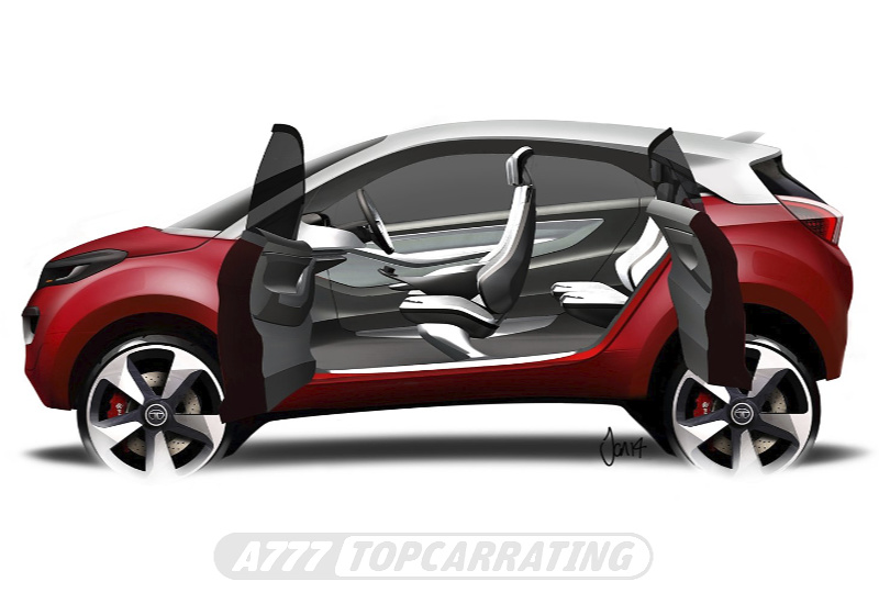 Дизайнерский рисунок мини-автомобиля Tata, показан бок городского автомобиля, использован планшет и ПК