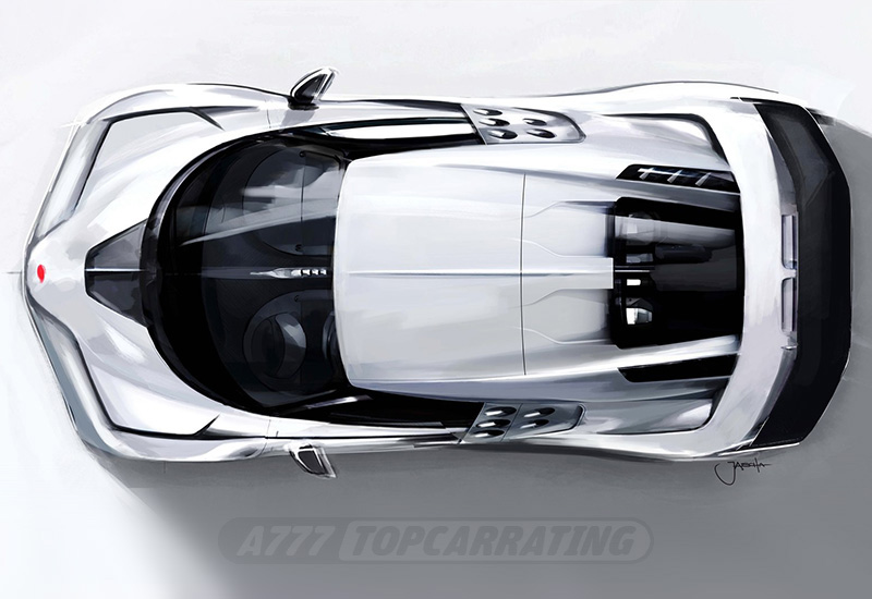 Дизайнерский скетч эксклюзивного авто Bugatti - вид сверху суперкара
