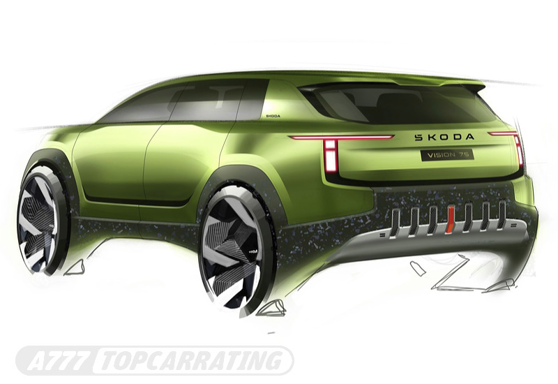 Лучший скетч джипа Skoda, показывающий внедорожного автомобиля в перспективе, с заднего ракурса, скетч выполнен вручную с пост-обработкой в Photoshop